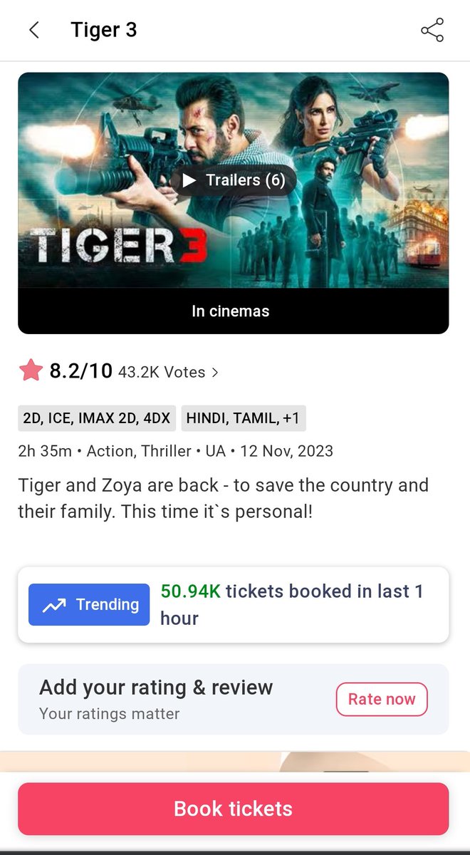 REALSHARIQbolte's tweet photo. 51K tickets booked in the last hour.#Tiger3 is on rampage mode heading towards the all time grosser. https://t.co/4TAf4Y9REC