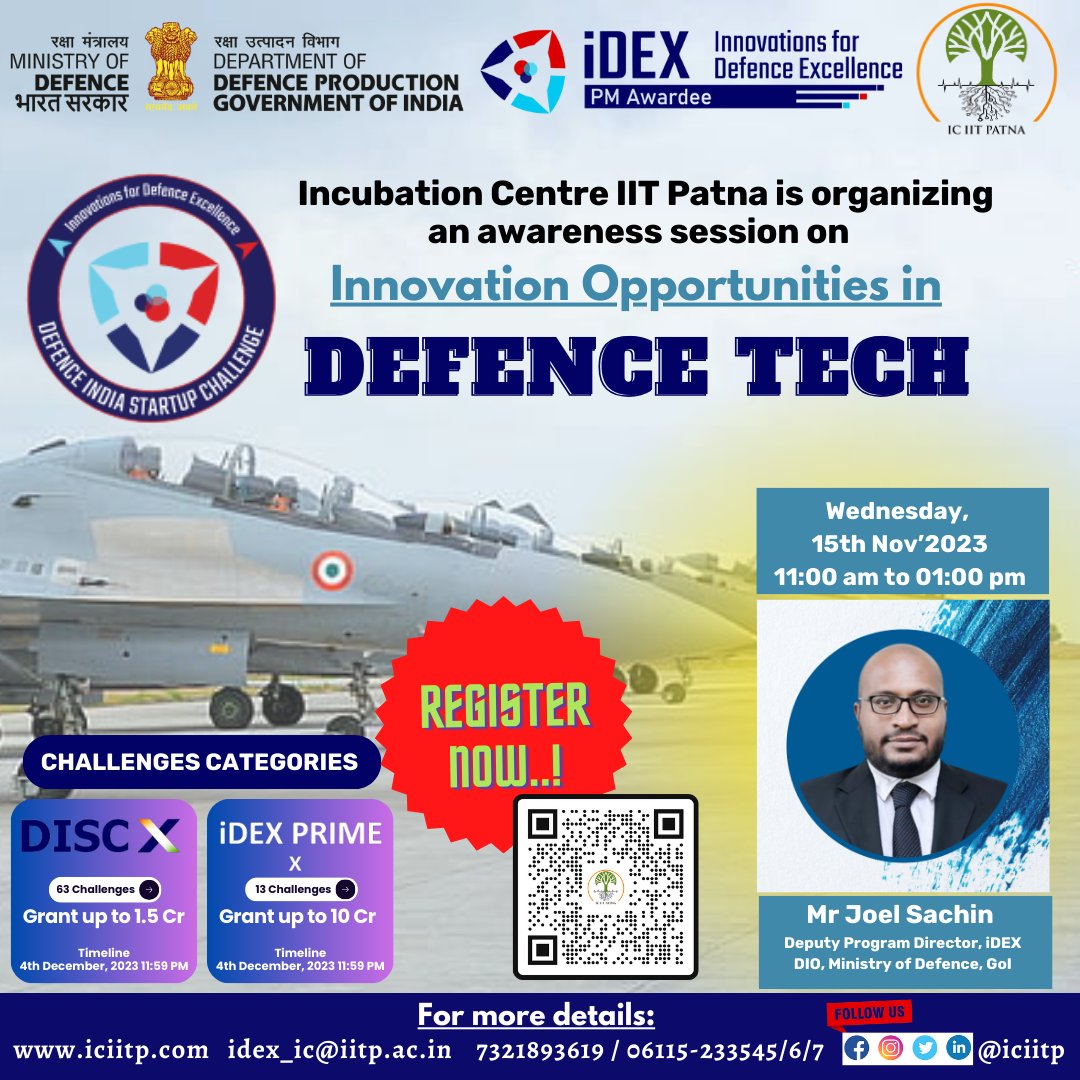 iciitp's tweet photo. Come join #iDEX &amp; @iciitp  or an engaging Outreach Session for #DISCX #iDEXPRIME. This is your chance to dive into the newly unveiled challenges.
 🗓 Date: 15th Nov 2023 (Wed)
📷Time: 11:00 am onwards 
Don't miss this opportunity, join us today📷
Reg Link: https://t.co/yfItmiy331 https://t.co/qwhQVpPa2Z