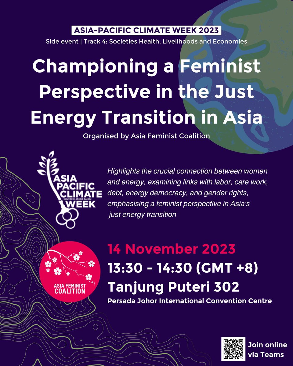 Explore the intersection of feminism and the just energy transition in Asia! Join the Asia Feminist Coalition tomorrow at the Asia Pacific Climate Week in Johor Bahru, Malaysia. 🌏📷 #Feminism #JustTransition #APClimateWeek