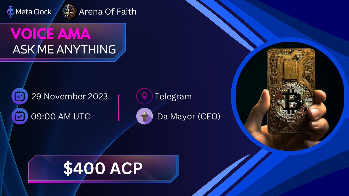 🎙️AMA ANNOUNCEMENT MetaClock

🧬The Telegram  #AMA with <a href="/moba_aof/">Arena of Faith</a>

✅Venue : t.me/MetaClock_AMA

🗣️Guest : Da Mayor (CEO)

⏰Date: 09:00 AM UTC  29 November  2023. 

💰 Reward - 400$ $ACP

1⃣Follow <a href="/MetaClock_AMA/">Meta Clock || AMA + Spaces 🧬</a> &amp; <a href="/moba_aof/">Arena of Faith</a>
2️⃣Join 
t.me/moba_aof