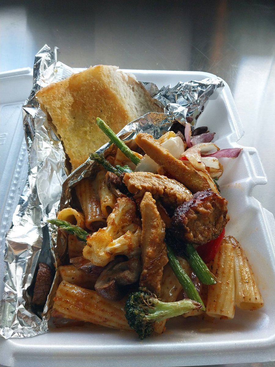 Vegan 🌿 Vegan
 Phish w Truffle Fries and Rasta Pasta "flavored with love ❤️" 
 🐝 
#wagewarwithafork
Plates that give back....Purposefully ©️