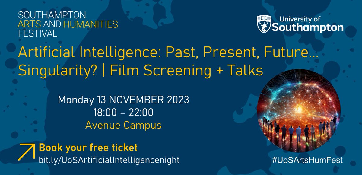 🔴 TONIGHT! Join an amazing panel of @HumanitiesUoS scholars at the @unisouthampton talking about #ArtificialIntelligence and watch together 2013 Spike Jonze film 'Her'! 📅 Monday 13th November 🕞 18:00 – 22:00 📍 Avenue Campus 🎫 bit.ly/UoSArtificialI… #UoSArtsHumFest✋