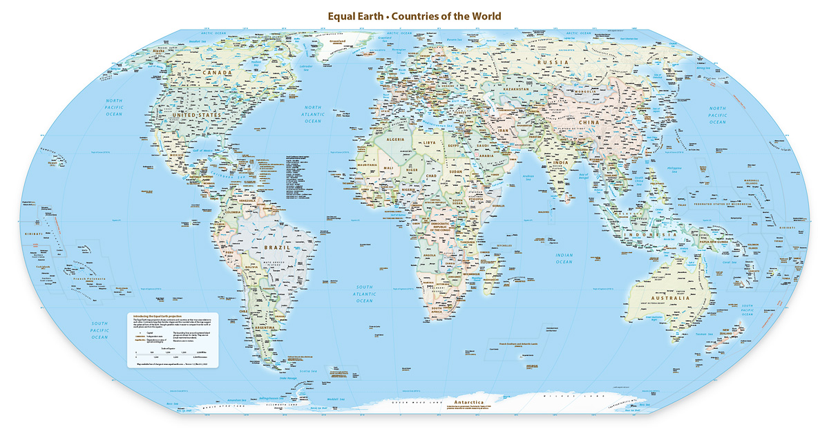 By popular demand, the Equal Earth map now centers on the Florence meridian (11E) with the Bering Strait sensibly separating Asia and N. America. Get it for free in English or Spanish. Other languages coming soon. equal-earth.com