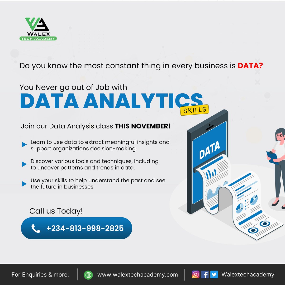 WalexBizTech's tweet image. Someone out here wants to learn Data Analysis but they want to kill you with PRICE. 

Take advantage of our anniversary discount.
Call: +2348139982825 For instant assistance and registration.
OR Visit walextechacademy.com for more info.

#data #technology #Careers #Opportunity