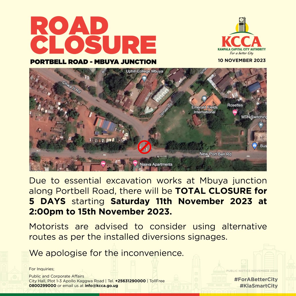 Please take note of this closure at the Port Bell Road - Mbuya Junction. 

All inconveniences are highly regretted. 

#KCCAatWork #ForABetterCity.