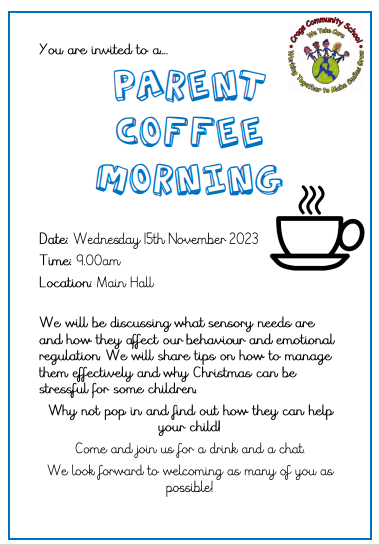 CragsMiss's tweet photo. On Wednesday 15.11.23 at 9.00am, we will be holding a FREE coffee morning for SEND. The focus is an introduction to sensory needs and emotional regulation. We will also consider the impact of Christmas on behaviour too. Please join us! https://t.co/rE4zyj1S2L