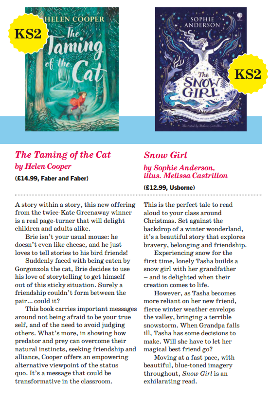 'the perfect tale to read aloud to your class around Christmas... a beautiful story that explores bravery, belonging and friendship.' Thank you @TeachPrimary for a gorgeous review of #TheSnowGirl, illus @mv_castrillon🙏Lovely to be alongside @HelenCooperbook too!🐈‍⬛💕📚