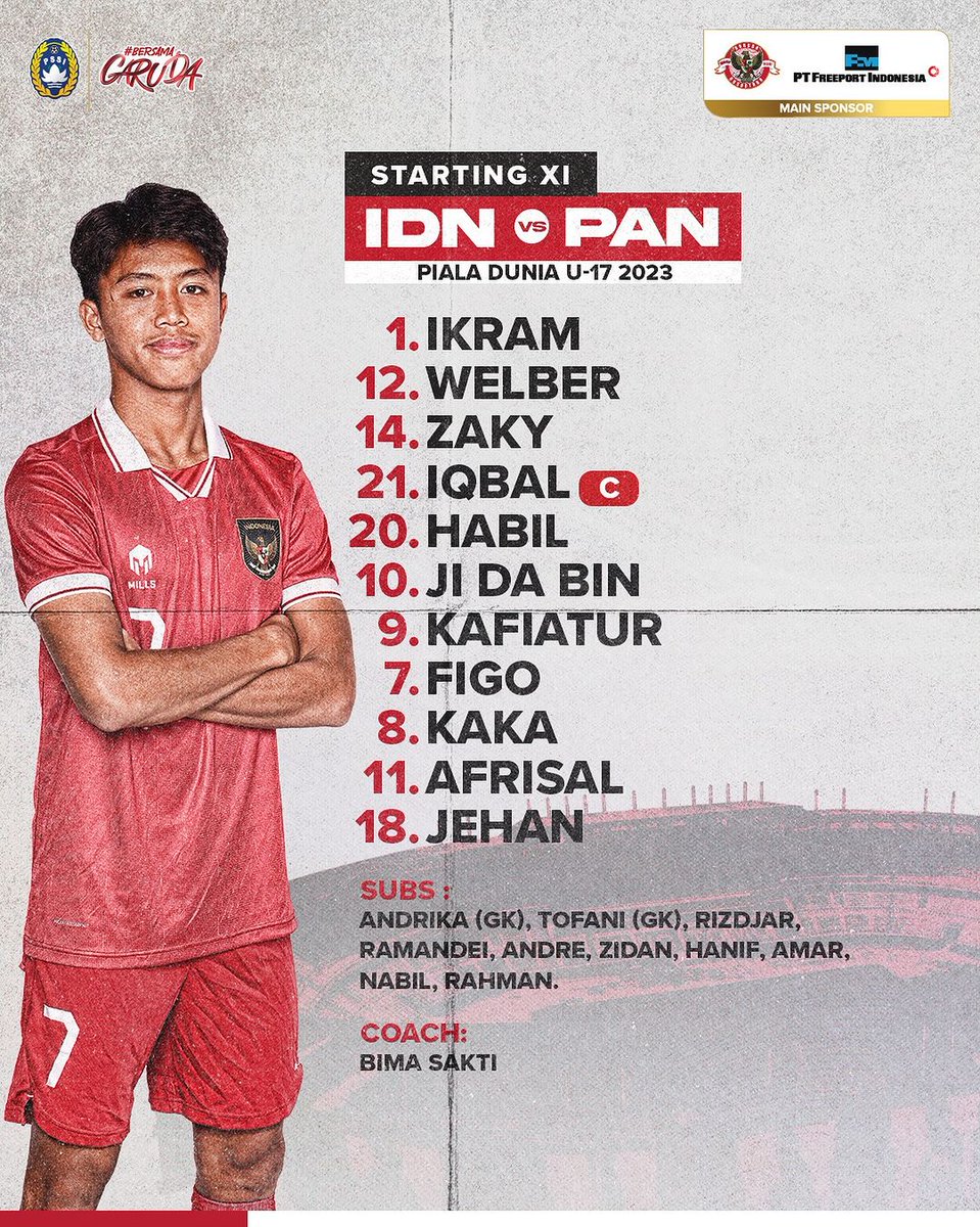 Sebelas Pertama Timnas Indonesia U-17 vs Panama.

Comeon Garuda 🇮🇩🦅

#TimnasDay #BersamaGaruda #GarudaMendunia #PialaDuniaU17 #WorldCupU17