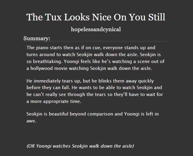 btsangstfest's tweet photo. #ProMonday ✬‧₊˚ ²⁶
╰─▸ #yoonjin ❝The Tux Looks Nice On You Still❞ by @happyjinminn
completed┊teen & up┊3.5k
✩ established relationship, weddings, flashbacks
https://t.co/lWSeQK54Hx https://t.co/eMRk9X8ArB