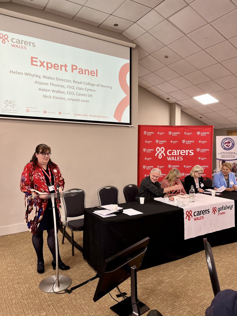 An Expert Panel Q+A begins, with Alyson Thomas from Llais Cymru, Helen Whyley from Royal College of Nursing, @Helen_M_Walker from @CarersUK and Nick Davies, unpaid carer. 
#CWConf23 #FindingSolutions