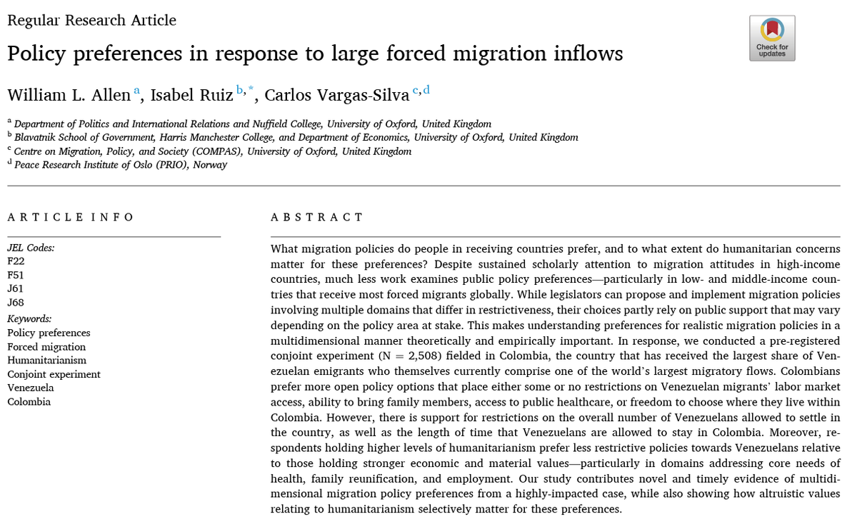 What migration policies do people in receiving countries want, and do humanitarian values matter? Our (w/@williamlallen @CVar_Sil) #openaccess @WorldDevJournal study uses a conjoint experiment in #Colombia to answer these questions: doi.org/10.1016/j.worl… #polisciresearch (1/9)