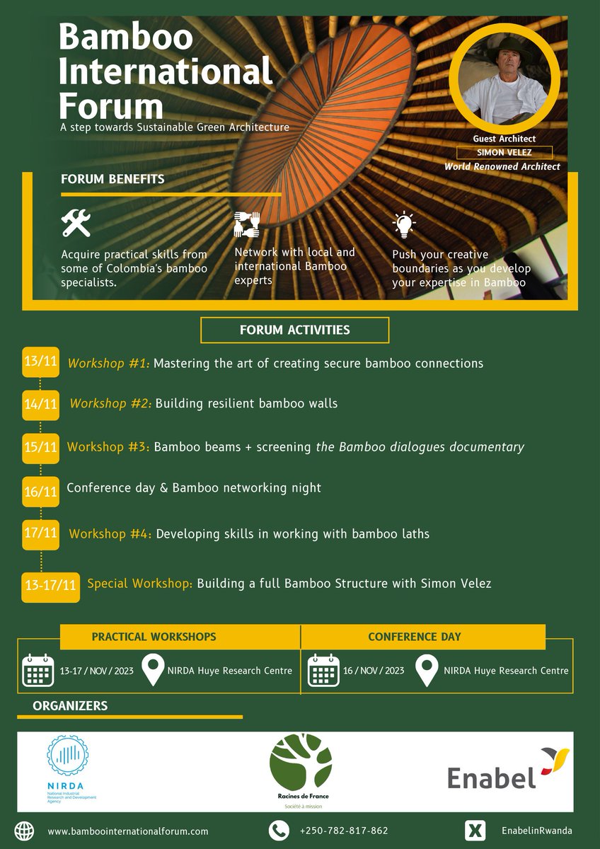 NIRDA | Rwanda (@rwandaindustry) on Twitter photo In 2022, the Center of Excellence for Bamboo was established in #Rwanda,focusing on engineered bamboo for construction. This forum organized by Enabel-UEDi,NIRDA &Racines de France, is a crucial step in advocating for bamboo adoption in Rwanda's construction sector. In 2022, the Center of Excellence for Bamboo was established in #Rwanda,focusing on engineered bamboo for construction. This forum organized by Enabel-UEDi,NIRDA &Racines de France, is a crucial step in advocating for bamboo adoption in Rwanda's construction sector.