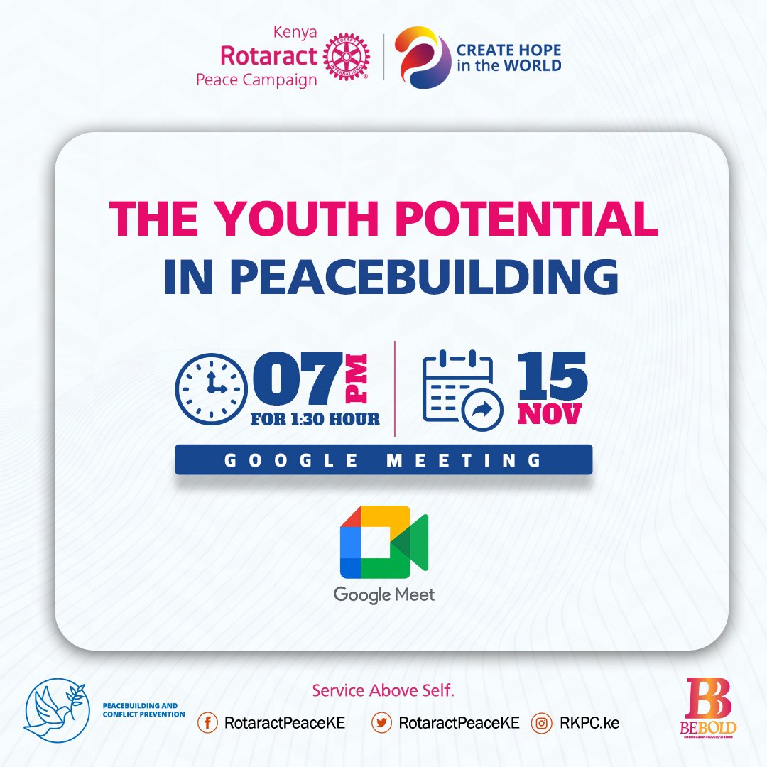 Weweeee!!In the spirit of planting Trees 🎄!!Don't miss out on this as we plant Peace😁!! ✌️ LINK BELOW 👇 👇
Youth Potential in Peacebuilding
Wednesday, November 15 · 7:00 – 9:00pm
Time zone: Africa/Nairobi
Google Meet joining info
Video call link: meet.google.com/iys-gyzi-tot