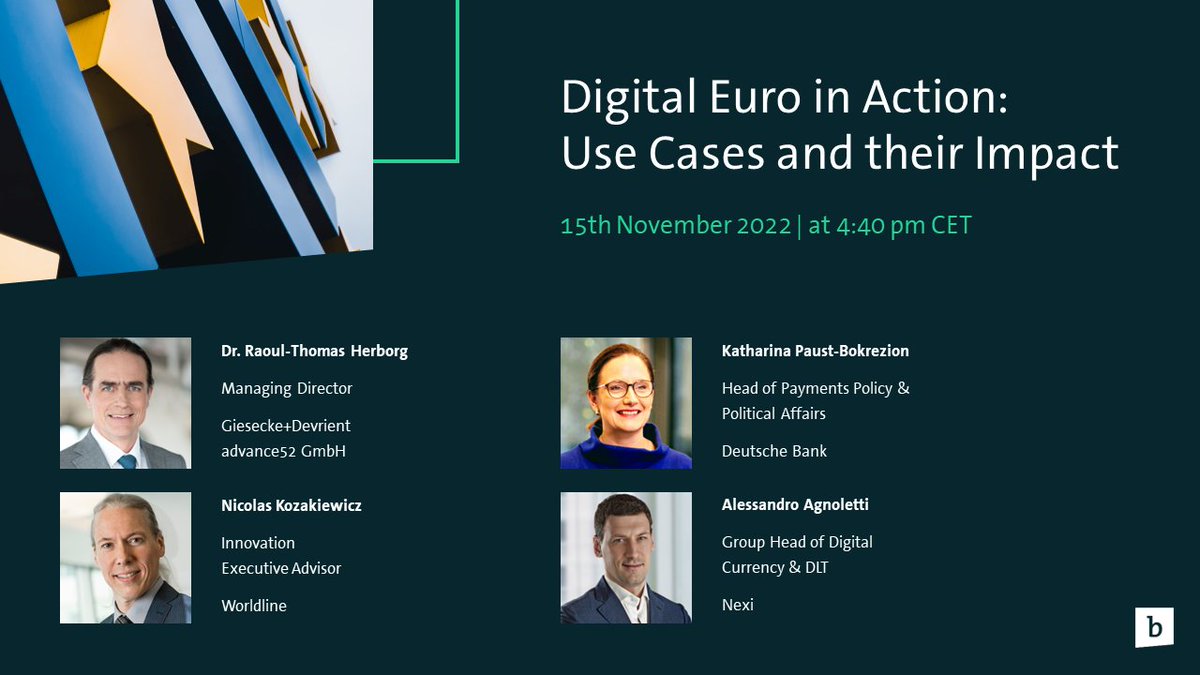 Bitkom_Blockchain (@bitkom_block) on Twitter photo Join our second panel of the #DES23 tomorrow afternoon!
🇪🇺“Digital Euro in Action: Use Cases and their impact"
<a href="/Bitkom_Finance/">Bitkom_Finance</a> Join our second panel of the #DES23 tomorrow afternoon!
🇪🇺“Digital Euro in Action: Use Cases and their impact"
<a href="/Bitkom_Finance/">Bitkom_Finance</a>