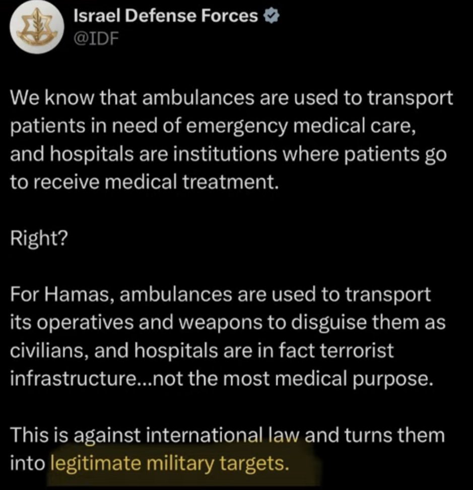 CensoredMen's tweet image. 🇮🇱 The @IDF deleted a tweet in which they called hospitals and ambulances “legitimate military targets.”