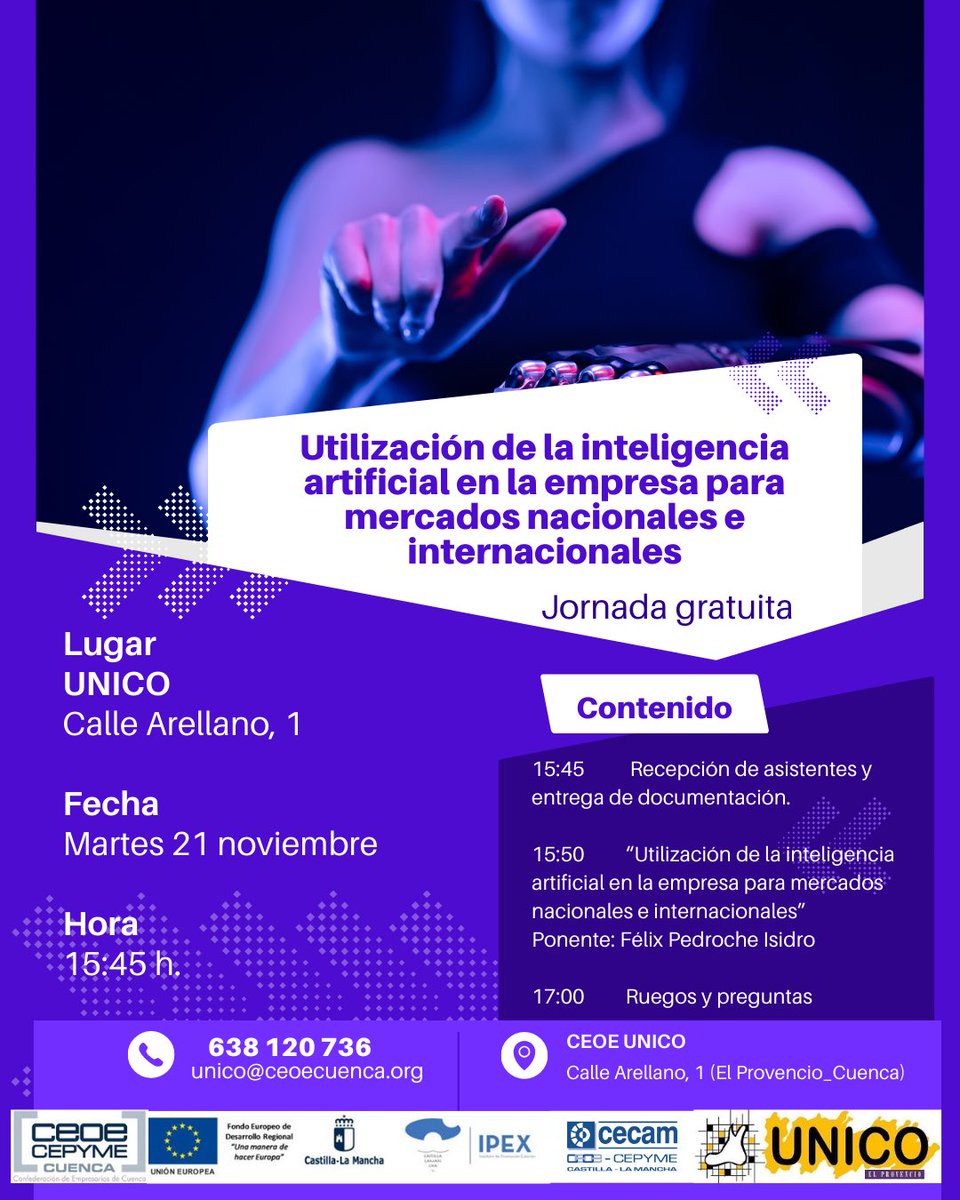 Ven a nuestra Jornada Gratuita sobre Inteligencia Artificial en la empresa el día 21 de noviembre en #ElProvencio #IA #empresas #pymes #inteligenciaartificial <a href="/Ipex_clm/">Ipex</a> <a href="/_CECAM/">CECAM</a> <a href="/JCCMCuenca/">JCCMCuenca</a> <a href="/ceoecuenca/">CEOE CEPYME CUENCA</a>