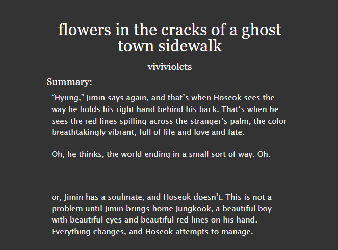 btsangstfest's tweet photo. #ProMonday ✬‧₊˚ ²⁷
╰─▸ #3J ❝flowers in the cracks of a ghost town sidewalk❞ by @viviviolets
on-going┊mature┊63.2k
✩ soulmates, soulmate identifying marks, mental health issues, loneliness, angst, sad with a happy ending
https://t.co/MlyWE70zbD https://t.co/Md9SfR5t8B