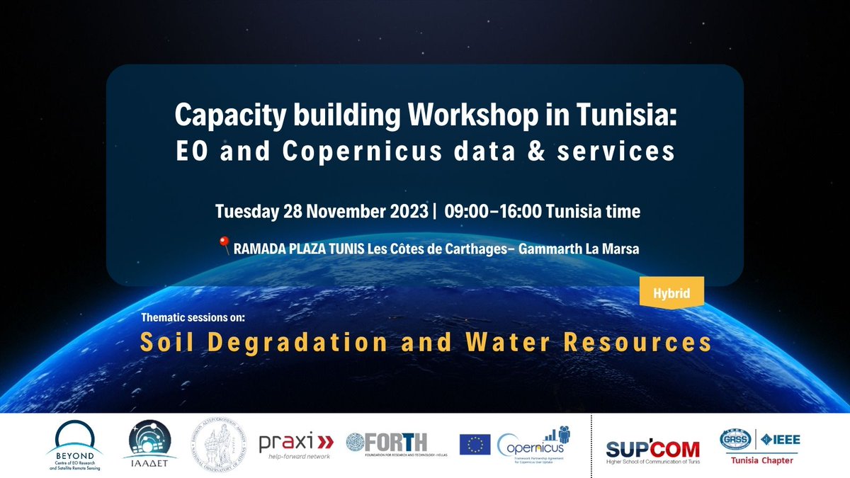 #BEYONDNews_Workshop_Alert 🔔 Let's talk🗣️ about 'Soil Degradation & Water Resources' at a hybrid Capacity building Workshop in Tunisia 'EO and Copernicus data & services ' 🗓️Tuesday, 28/11 ⌚09:00-16:00 Tunisia time 📝Registrations and agenda beyond-eocenter.eu/index.php/news…