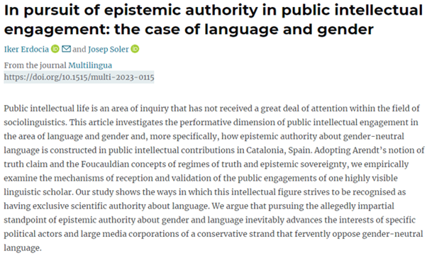 Iker_Erdocia's tweet photo. Exciting news! @jsolercarbonell and I delve deeper into epistemic authority in the public sphere. Our latest article explores the performative aspects of public intellectual engagement in the area of language and gender @DcuSalis @HumanitiesDCU  https://t.co/QX75ugDucP https://t.co/huaeqxFRYi