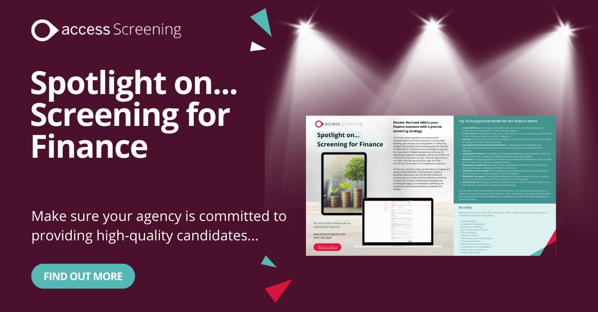 The #finance sector operates in an environment of sensitive data handling and complex risk management ⚠️

Elevate the trust within your business with a precise #screening strategy

Download our Spotlight on...Finance to view the benefits 👇
ow.ly/oBBv50Q6THW

#Recruitment