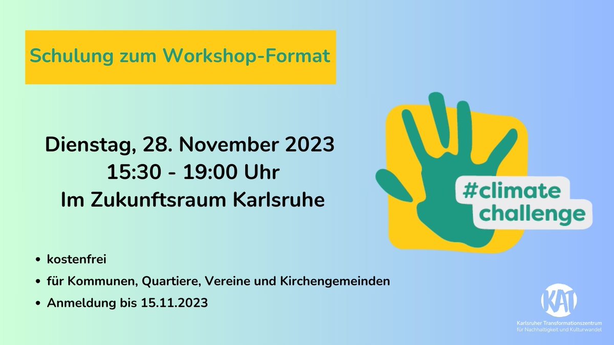 Wir laden #Kommunen, #Quartiere, #Vereine &amp; #Ehrenamtliche ein! In der Schulung lernen Sie das Workshop-Format der #climatechallenge kennen. Anschließend können Sie selbst als Workshopleiter:in aktiv werden. 
🗓️ 28.11.2023, Karlsruhe / Bis 15.11. anmelden

transformationszentrum.org/climatechallen…