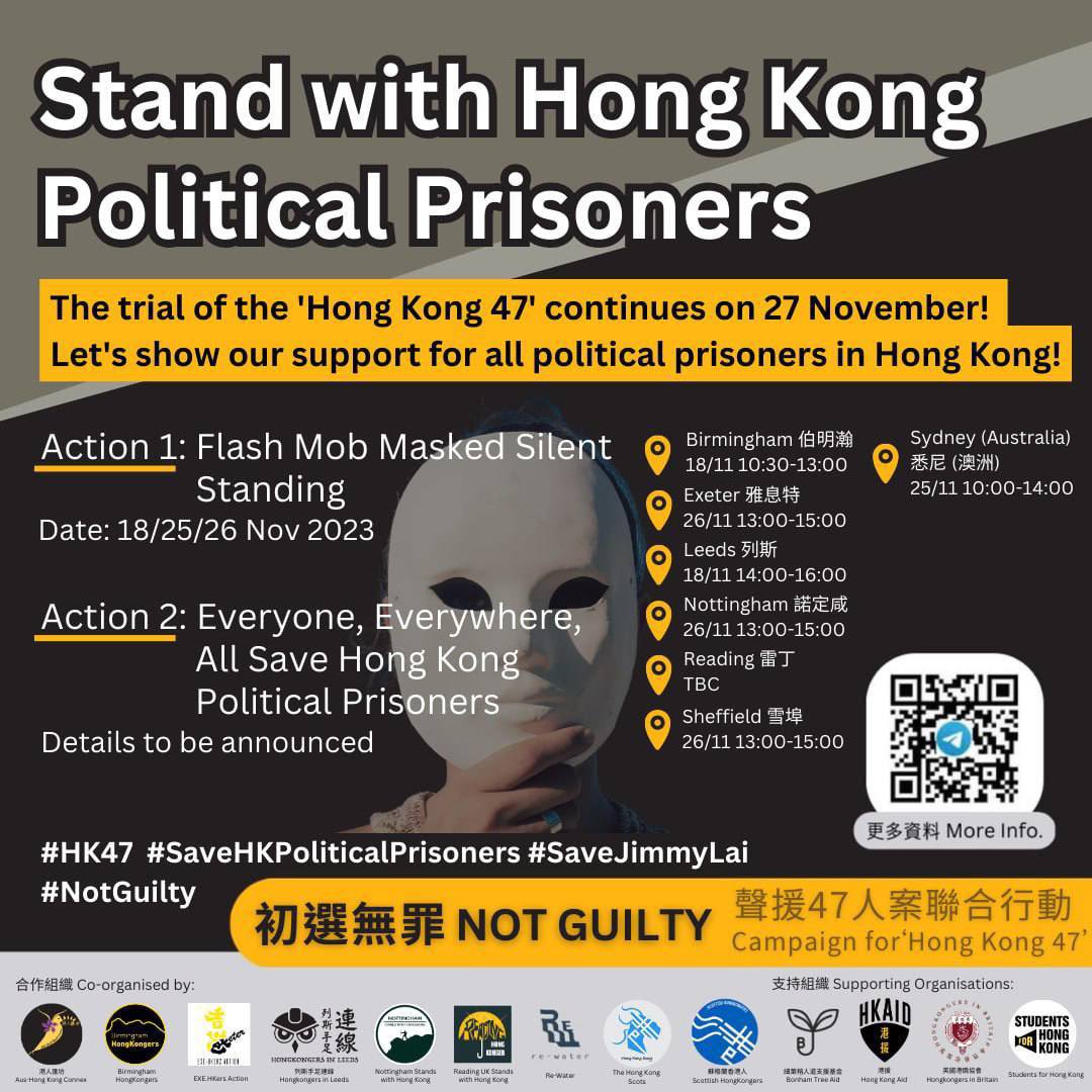 We encourage everyone to take photos and share them on social media using hashtags such as #SaveHKPoliticalPrisoners, #SaveJimmyLai, #HK47, #NotGuilty. We also advocate for signing petitions to sanction Hong Kong government officials. petition.parliament.uk/petitions/6406…