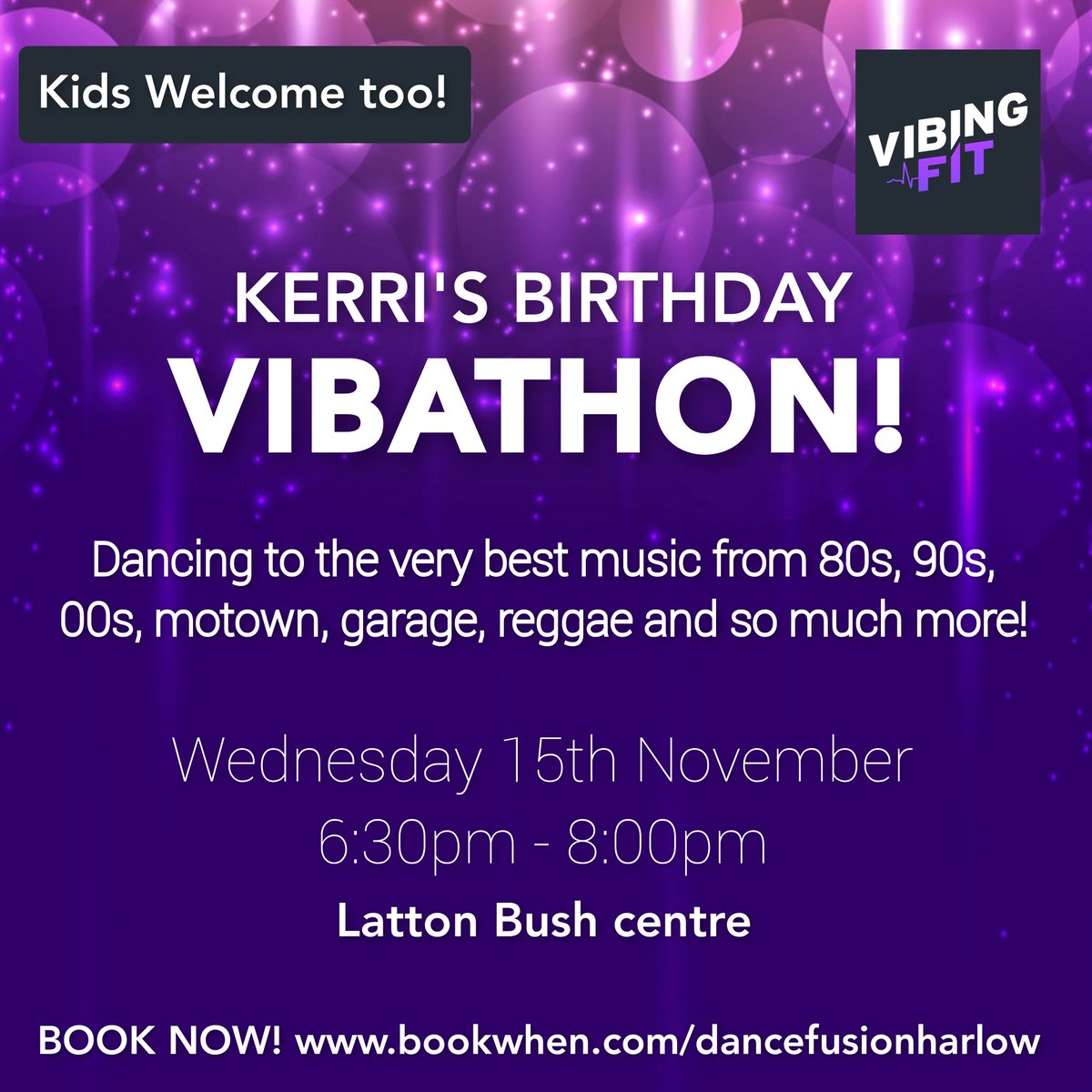 THIS WEDNESDAY! Come and celebrate with me and Shanice for our first ever VIBATHON! 😃💜
Book now bookwhen.com/dancefusionhar… 

#dancefusionharlow #vibingfitharlow #vibingfit #harlow #essex #lattonbushcentre #class #vibathon #adults #kids #workout #fitness