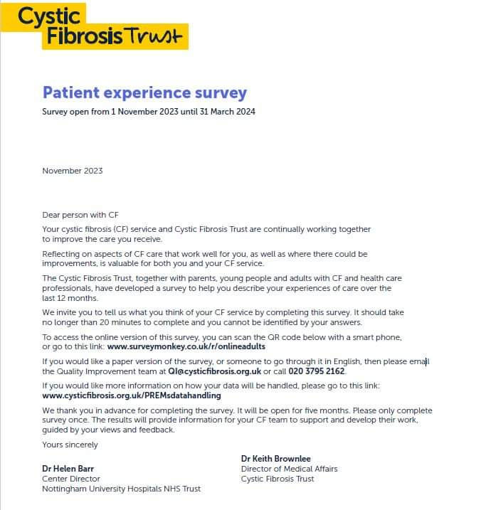 The CF Trust patient experience survey is now open!

Your feedback is very important to us so we would be really grateful if anyone can complete the survey below. 

Please see attached an information leaflet about the survey 🙂

surveymonkey.co.uk/r/onlineadults