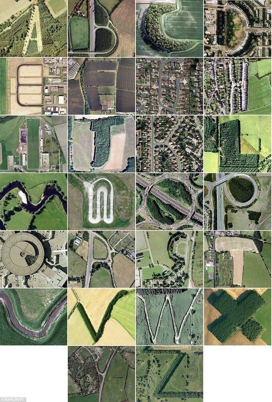 HWarlow's tweet image. I have posted this before but it’s interesting and definitely worth another post
The Google Earth Alphabet found in Britains hedgerows ,roads and buildings
Produced by a journalist ( no name given) they were bored so made it  whilst  recuperating after a near fatal car smash