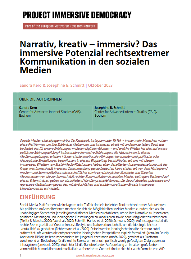 Sandra (@kerosafr) on Twitter photo Was bedeutet #Immersivität in sozialen Medien – und wie beeinflusst diese ideologische Einstellungen? ⚡️Im Rahmen des Projekts "Immersive Democracy" von <a href="/Matthias_Quent/">Prof. Dr. Matthias Quent</a> blicken <a href="/JottBeEs/">Josephine (she/her)</a> und ich auf #immersive Mechanismen im Kontext rechter Kommunikation.
metaverse-forschung.de/2023/11/09/nar… Was bedeutet #Immersivität in sozialen Medien – und wie beeinflusst diese ideologische Einstellungen? ⚡️Im Rahmen des Projekts "Immersive Democracy" von <a href="/Matthias_Quent/">Prof. Dr. Matthias Quent</a> blicken <a href="/JottBeEs/">Josephine (she/her)</a> und ich auf #immersive Mechanismen im Kontext rechter Kommunikation.
metaverse-forschung.de/2023/11/09/nar…