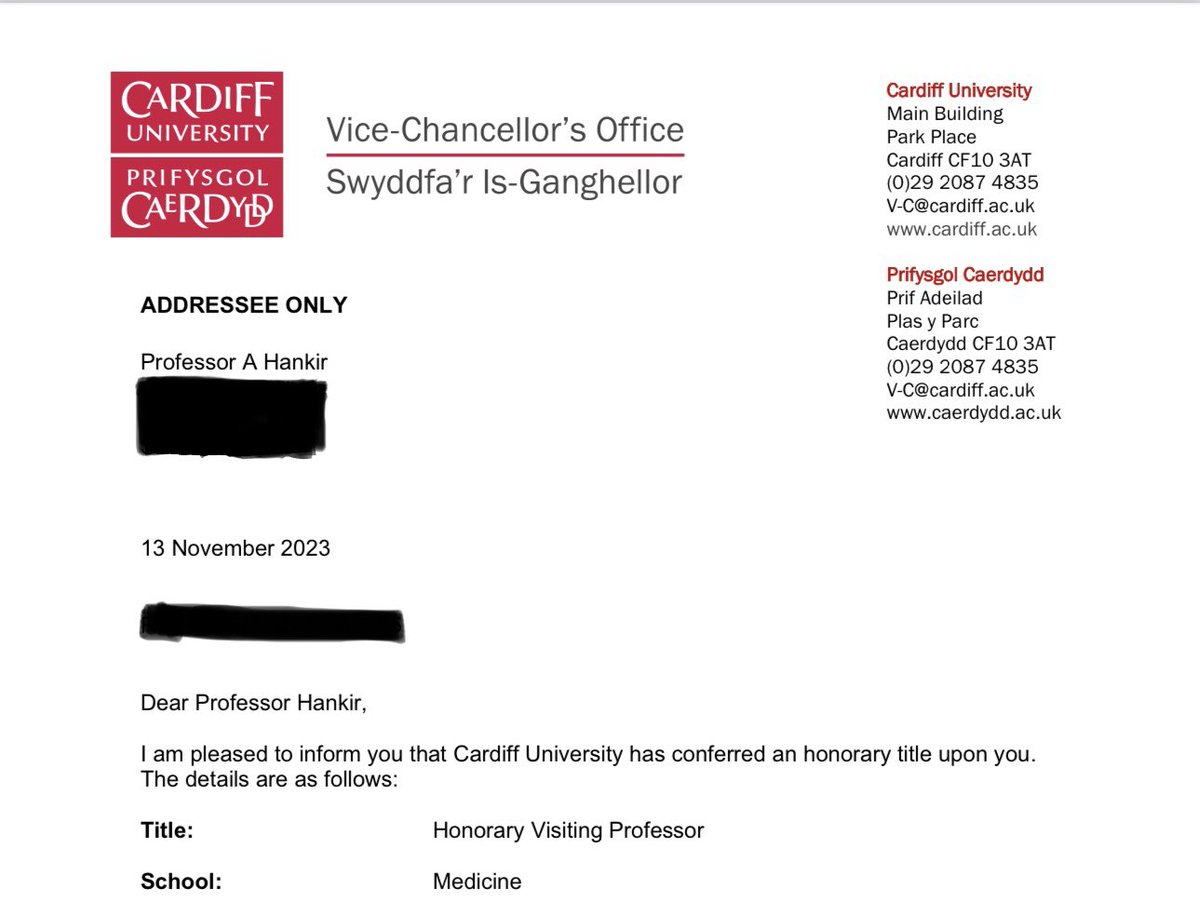 Alhamdullilah I’m deeply honoured to share the years & years of hard work & sacrifices have paid off. I’ve been appointed Honorary Professor at Cardiff University. Thank you Prof @AnnMTaylor61, Prof @gedbyrne & Prof @FGaughran from the bottom of my heart. Professor Ahmed Hankir