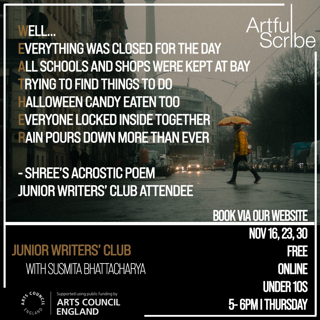 Artfulscribeuk's tweet photo. In our Junior Writers’ Club online, led by @Susmitatweets, the under 10s have been creating acrostic poems.
This week’s piece is provided by group attendee, Shree.
To book a place, or to find out more information, please go to our website.
#juniorwriter #acrosticpoetry https://t.co/e8duPQwZiU