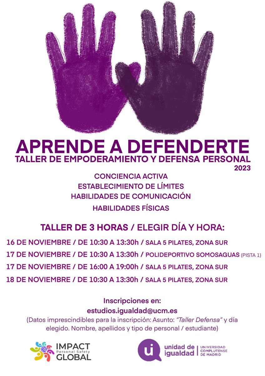 🟣Nuevo taller: “Aprende a defenderte: taller de empoderamiento y defensa personal 2023”

📨 Inscríbete mandando un correo con tus datos a estudios.igualdad@ucm.es