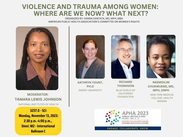 Today! Join experts to discuss the course of violence & trauma among women. What are the associated factors, possible strategies, interventions and best practices? What are opportunities for collaboration to treat & prevent? #APHA2023 @APHAAnnualMtg #WomensHealth