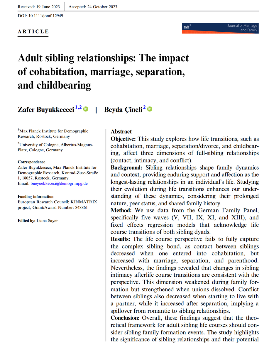 zafer buyukkececi (@zafer_113) on Twitter photo Sibling relationships are often the longest-lasting relationships in our lives. But how do they change when we enter or exit romantic unions or have children? Read our new article with <a href="/BeydaCineli/">Beyda Cineli</a> in Journal of Marriage and Family <a href="/JMF_NCFR/">@JMF@sciences.social</a>
onlinelibrary.wiley.com/doi/10.1111/jo… Sibling relationships are often the longest-lasting relationships in our lives. But how do they change when we enter or exit romantic unions or have children? Read our new article with <a href="/BeydaCineli/">Beyda Cineli</a> in Journal of Marriage and Family <a href="/JMF_NCFR/">@JMF@sciences.social</a>
onlinelibrary.wiley.com/doi/10.1111/jo…
