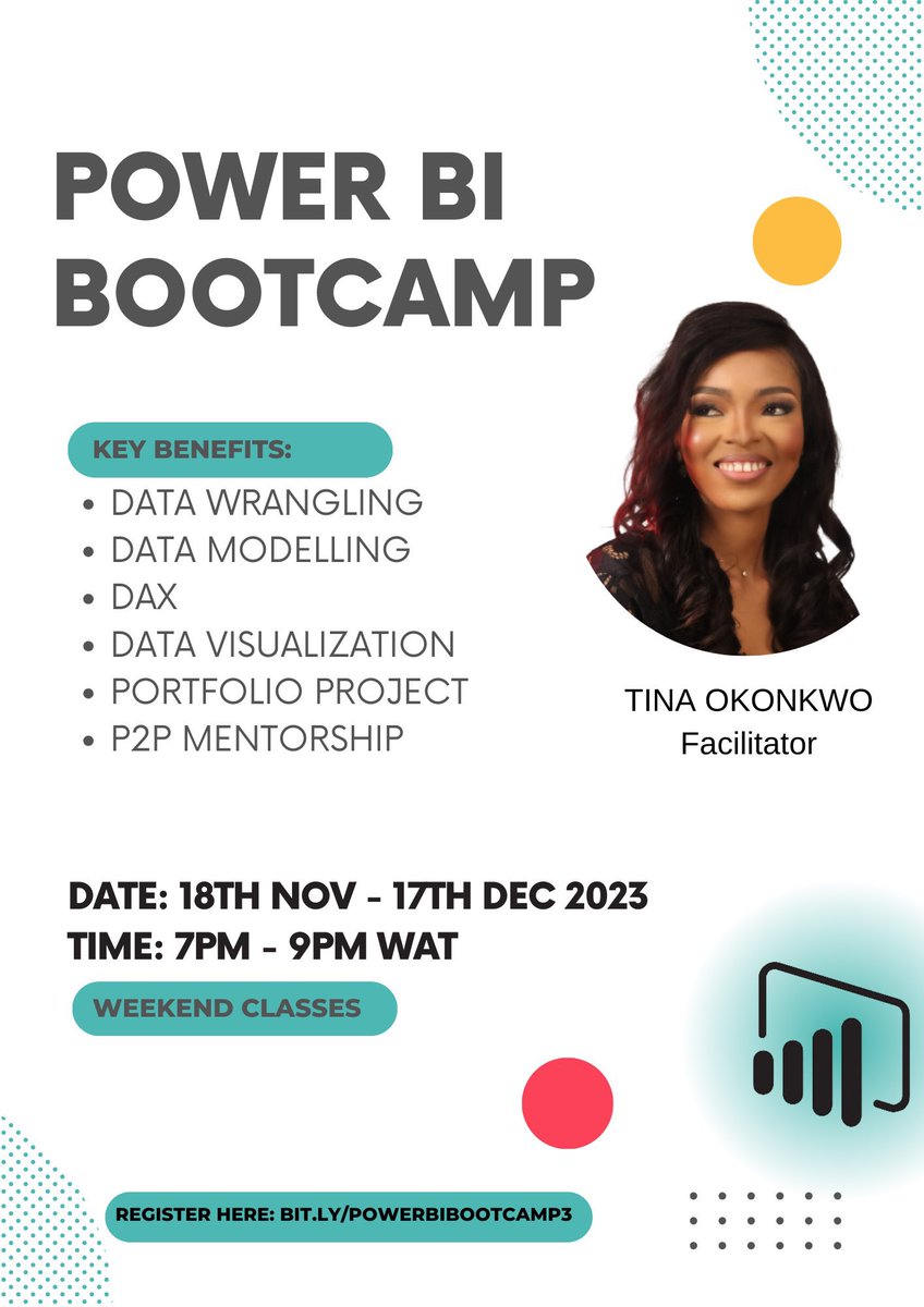 Rita_tyna's tweet image. Don’t miss out on the chance to learn the essential skills you need to analyze data and solve business problems with Power BI. 🥳

Learn everything from data modelling to data reporting and It’s totally BEGINNER FRIENDLY!

Click here to register: paystack.com/buy/power-bi-b…