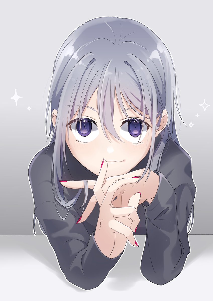 1girl solo long hair looking at viewer purple eyes smile grey hair  illustration images