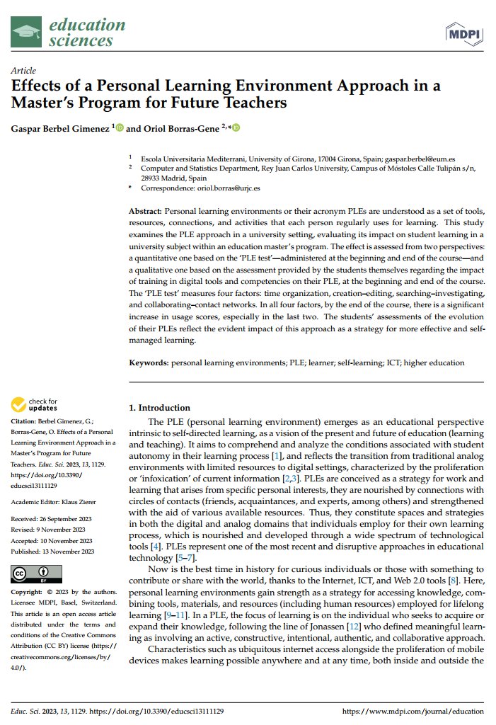 📌"Effects of a Personal Learning Environment Approach in a Master’s Program for Future Teachers"

Nuevo artículo sobre Entornos Personales de Aprendizaje en Máster de la <a href="/URJC/">URJC</a> <a href="/MDPIOpenAccess/">MDPI</a> 

🔗mdpi.com/2227-7102/13/1…