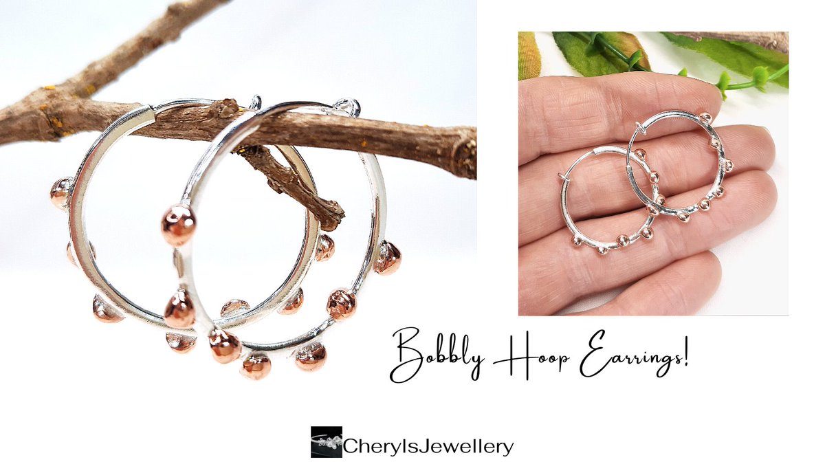 Good morning #earlybiz I have some bobbly hoops for you today. A lovely size with an approximate inside diameter of 20mm and the outside, including all those bobbles, 25mm. Gift boxed ready for giving buyindie.co.uk/product/sterli… #mhhsbd #hoops #silver #copper #shopindie