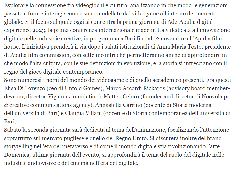 NoovolaNetwork's tweet photo. Nice to see Noovola mentioned in a few local magazines during this past weekend's #ApuliaDigitalExperience in Bari🏰🇮🇹

Looking forward to sharing photos and videos from the event in the coming days, but what a pleasure it was to meet #indiegame and #indiedev, industry folk, 
discover new games, and to just share ideas and thoughts with other attendees! 

Thanks to @AgeofGames for inviting us!
