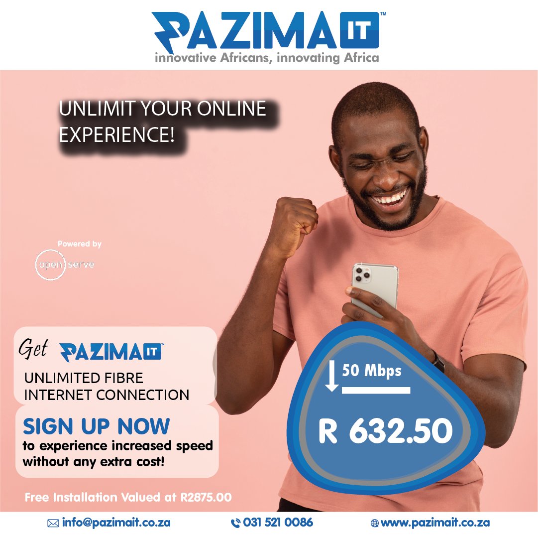 PazimaIT's tweet image. Seamless streaming, smooth surfing, endless play, and unstoppable work - all powered by Pazima Unlimited WiFi, fueled by Openserve. Elevate your connectivity at pazimait.co.za. 🌐✨ #PazimaITWiFi #ConnectedLifestyle #WIFI #UNLIMITED #NOCONTRACT