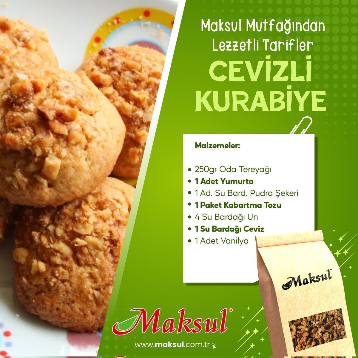 Cevizli Kurabiye Zamanı! 
Evinizde kolayca yapabileceğiniz, ağızda dağılan bu cevizli kurabiye tarifi ile çay saatlerinizi şenlendirin! 
 Hazırlaması kolay, tadı muhteşem! 
 İyi bir kurabiye, iyi malzemelerle başlar!