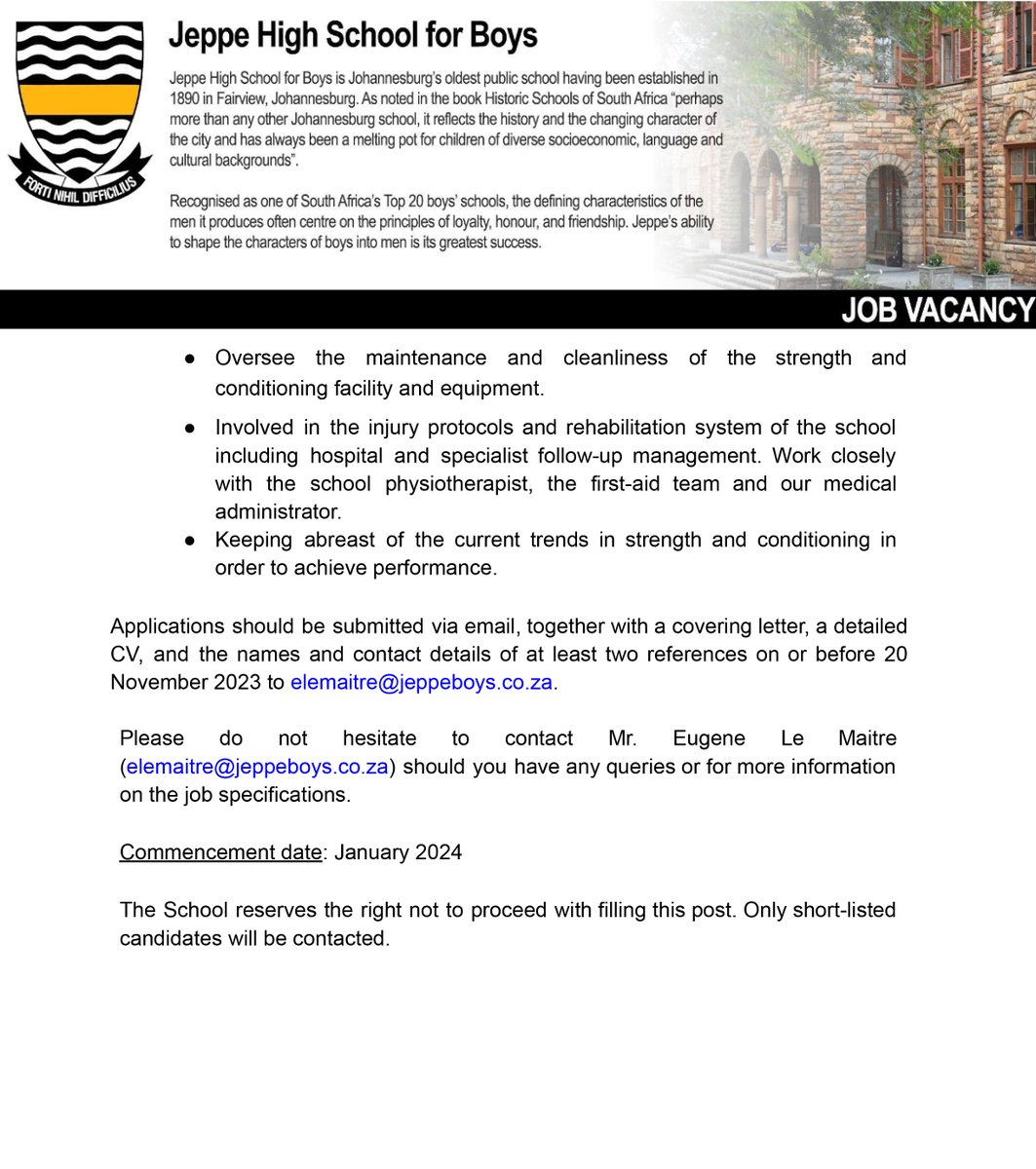 Strength and Conditioning Coach vacancy available. Join our growing Jeppe team.
