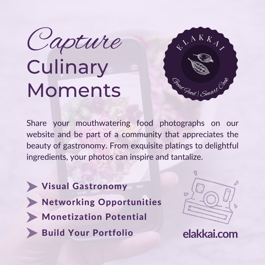 Your culinary masterpieces deserve the spotlight! Elakkai invites you to be part of a community that celebrates the art of gastronomy through mouthwatering food photography. 

#ArtOfGastronomy #FoodPhotography #DeliciousStorytelling #VisualDelights #PlateClickInspire