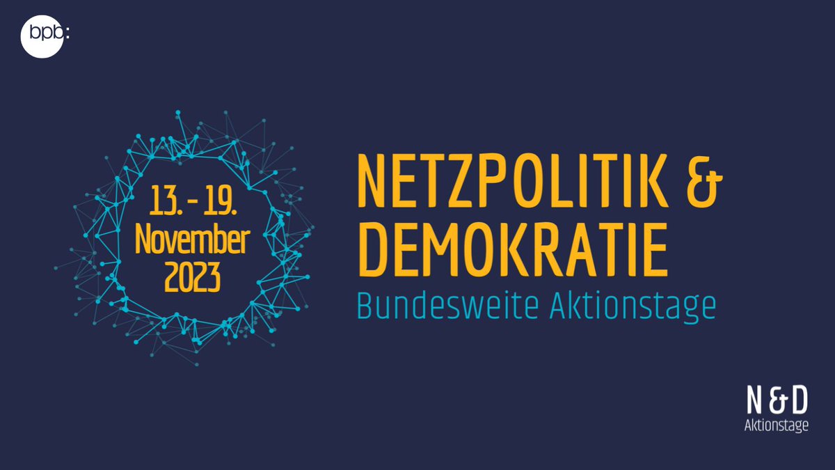 bpb.de (@bpb_de) on Twitter photo Heute starten die bundesweiten Aktionstage #Netzpolitik & #Demokratie. Vom 13. bis 19. November finden zahlreiche Veranstaltungen zu netzpolitischen Themen statt.
Alle Infos unter: netzpolitische-bildung.de
<a href="/AktionstageNetz/">Bundesweite Aktionstage Netzpolitik & Demokratie</a> #ATNetPol Heute starten die bundesweiten Aktionstage #Netzpolitik & #Demokratie. Vom 13. bis 19. November finden zahlreiche Veranstaltungen zu netzpolitischen Themen statt.
Alle Infos unter: netzpolitische-bildung.de
<a href="/AktionstageNetz/">Bundesweite Aktionstage Netzpolitik & Demokratie</a> #ATNetPol