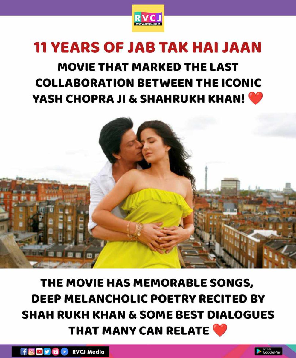 11 years of Jab Tak Hai Jaan

#jabtakhaijaan #ShahRukhKhan #katrinakaif #anushkasharma #yashchopra #rvcjinsta #rvcjmovies @iamsrk @AnushkaSharma