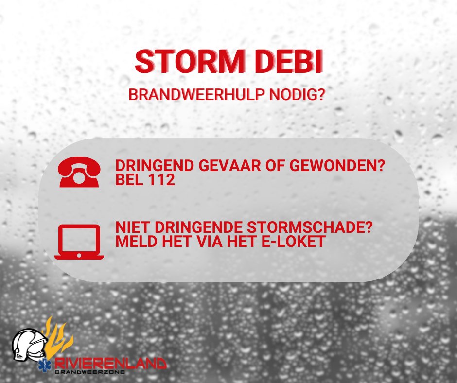 Deze middag trekt Storm Debi over ons land. Er worden rukwinden tot 80 km/u verwacht.
Stormschade?👇
rivierenland.hulpverleningszone.be/pagina/stormsc…
Bel enkel 112 als je dringende hulp nodig hebt