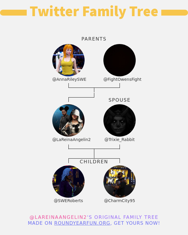 👨‍👩‍👧‍👦 My Twitter Family:
👫 Parents: <a href="/AnnaRileySWE/">Anna Riley</a> <a href="/FightOwensFight/">Kevin</a>
👰 Spouse: <a href="/Trixie_Rabbit/">Manic Pixie Scream Girl</a>
👶 Children: <a href="/SWERoberts/">𝓗𝓪𝔂𝓵𝓮𝔂 𝓡𝓸𝓫𝓮𝓻𝓽𝓼</a> <a href="/CharmCity95/">Brandon Ace</a>

➡️ funxgames.me/twitterfamily?…
