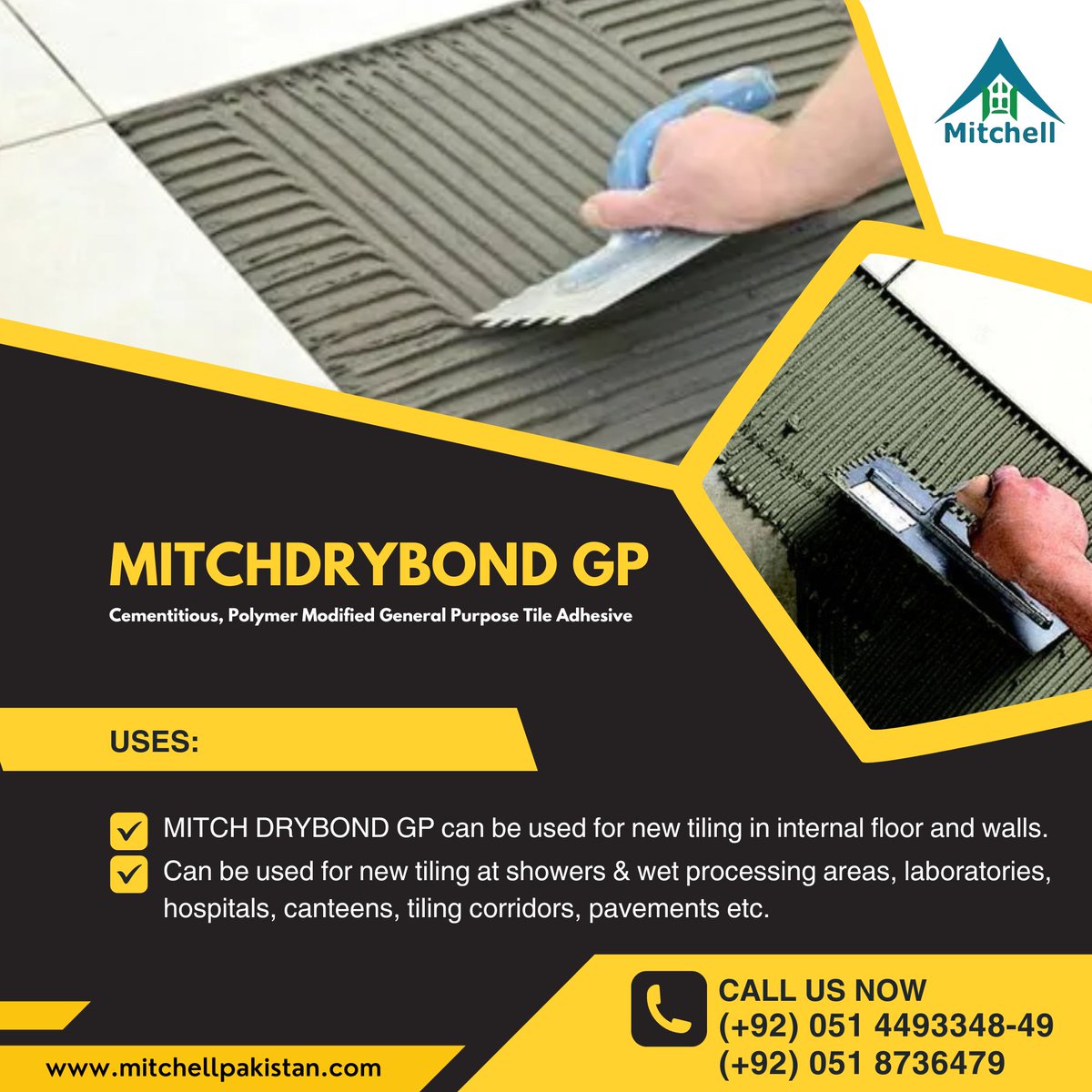 mitchellpak1's tweet photo. The Ultimate Bonding Solution –
Just Add Water and Secure Your World!
MITCHDRYBOND GP
Cementitious, Polymer Modified General Purpose Tile Adhesive

Contact Us
☎ (+92) 051 4493348-49
☎ (+92) 051 8736479
✉ sales@mitchellpakistan.com
🌍 https://t.co/wum1UmebUb
#MITCHDRYBOND #GP https://t.co/Zo51vL1LwJ