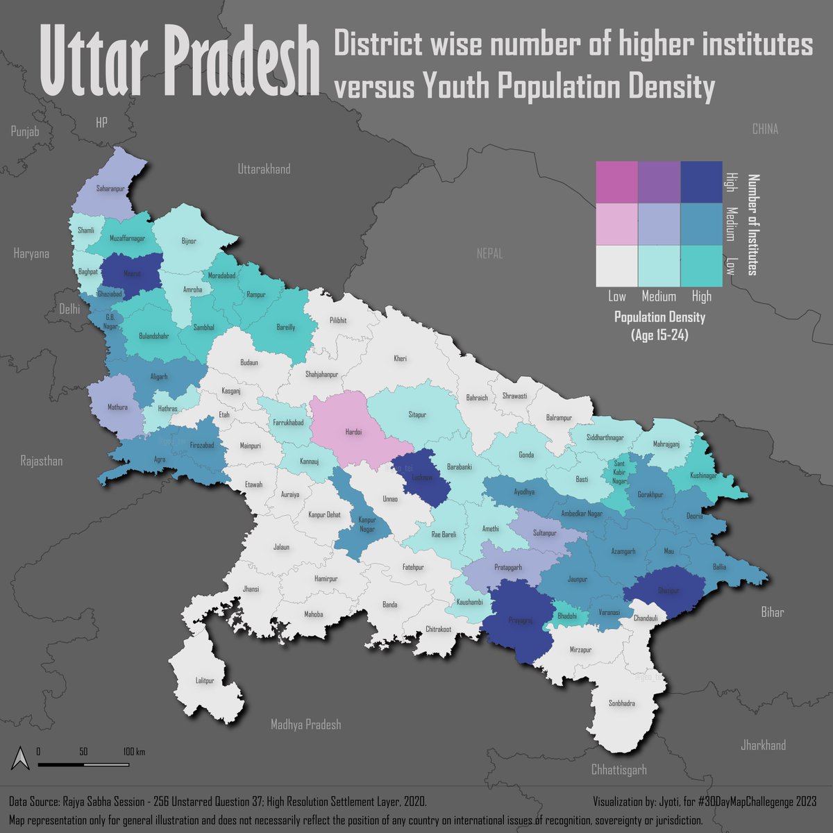#30DayMapChallenge
Day 13 – Choropleth
#Map is a bivariate choropleth comparing the number of higher institutes with youth (15-24 years of age) population density in the Uttar Pradesh state of India. (1/3)
#gis #geospatial #choropleth #googleearthengine #qgis #highereducation